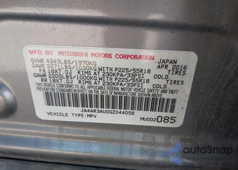 2016 Mitsubishi Outlander Sport 2.0 Es from USA, damaged, VIN JA4AR3AU0GZ044058